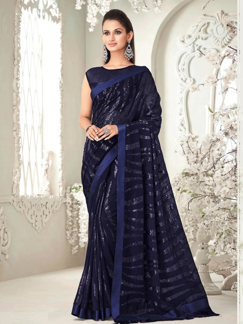 

ODETTE Blue Embellished Sequinned Saree