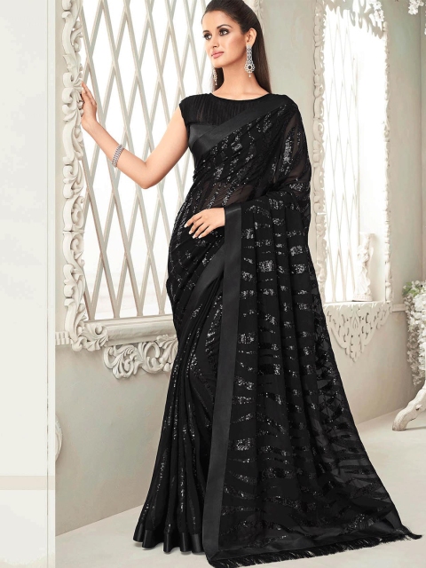 

ODETTE Black Embellished Sequinned Saree