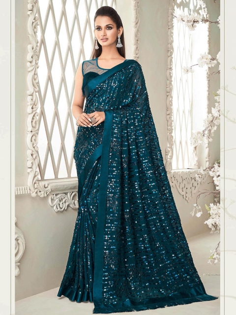 

ODETTE Green & Silver-Toned Embellished Sequinned Saree
