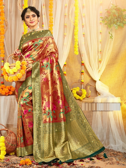 

ODETTE Gold-Toned & Maroon Woven Design Zari Brocade Saree