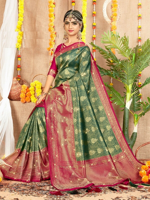 

ODETTE Green & Pink Woven Design Zari Brocade Saree