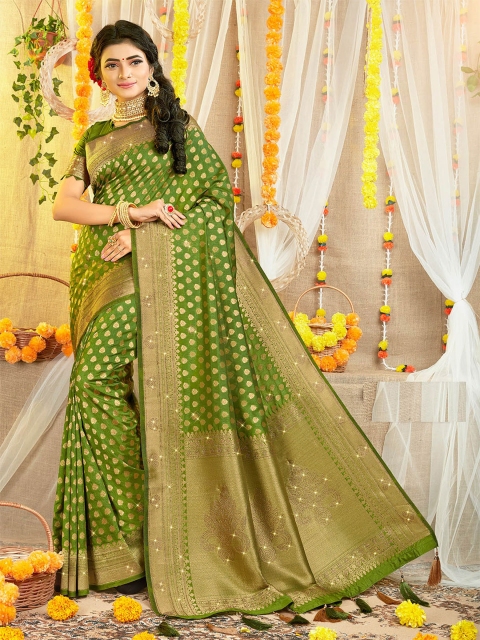 

ODETTE Green & Gold-Toned Ethnic Motifs Zari Silk Blend Saree