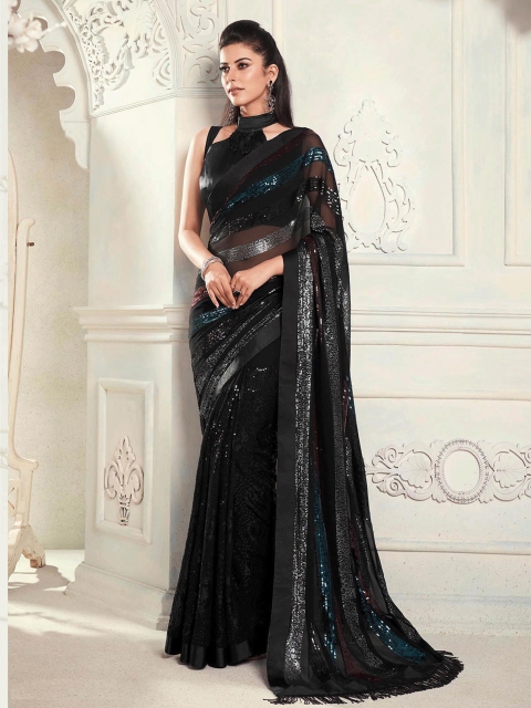 

ODETTE Black & Blue Embellished Sequinned Saree