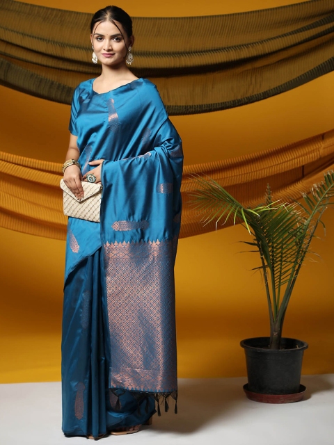 

ODETTE Blue & Copper-Toned Ethnic Motifs Zari Silk Blend Banarasi Saree