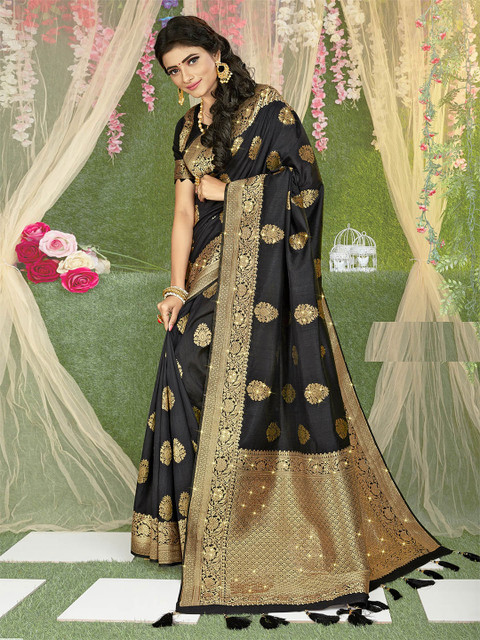 

ODETTE Black & Gold-Toned Ethnic Motifs Zari Saree