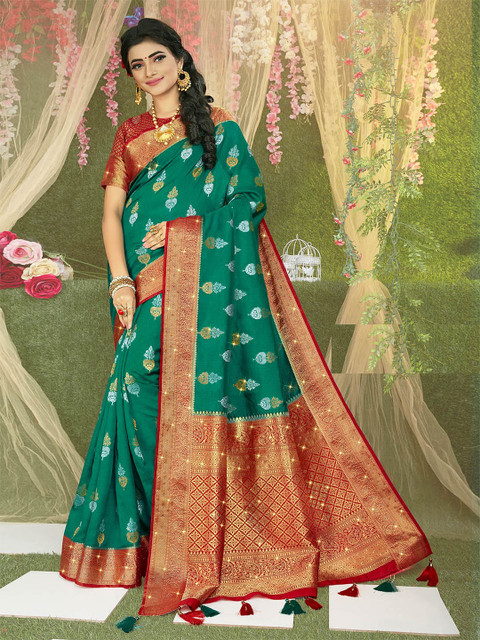 

ODETTE Green & Red Ethnic Motifs Zari Silk Blend Bridal Saree
