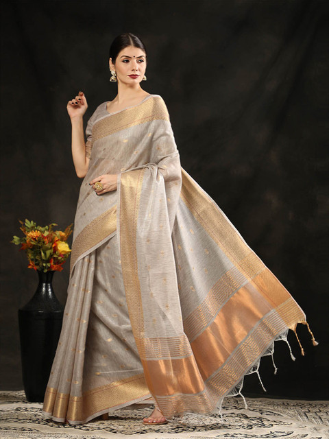 

ODETTE Grey & Gold-Toned Woven Design Zari Silk Blend Maheshwari Saree
