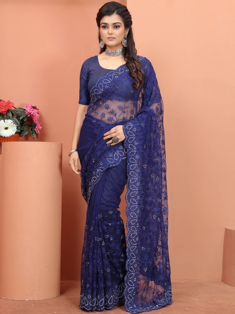 

ODETTE Blue & White Floral Beads and Stones Net Saree