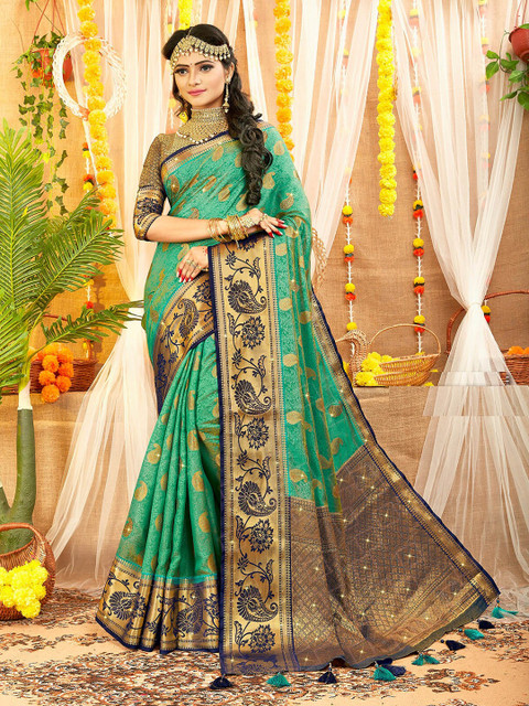 

ODETTE Green & Blue Woven Design Zari Silk Blend Saree