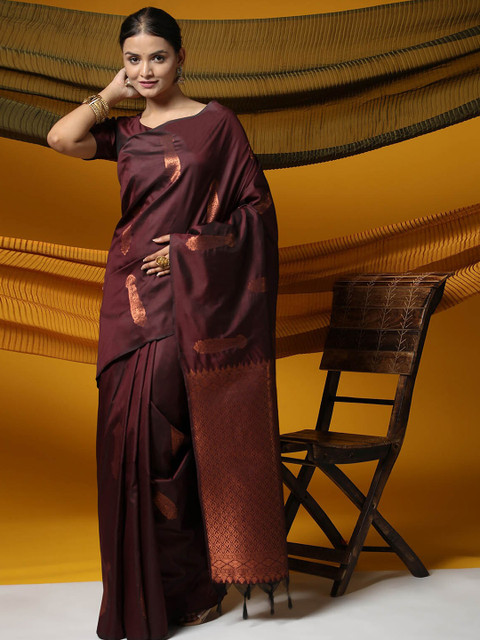 

ODETTE Brown & Copper-Toned Woven Design Zari Silk Blend Saree