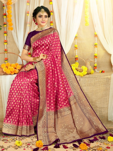 

ODETTE Pink & Purple Woven Design Zari Silk Blend Saree