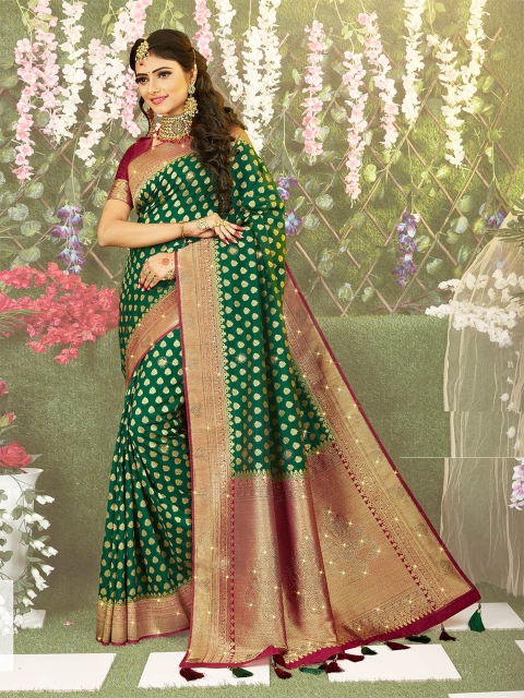 

ODETTE Green & Red Ethnic Motifs Zari Silk Blend Saree