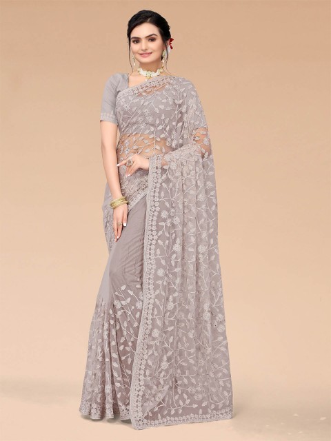 

ODETTE Grey & Silver-Toned Embellished Embroidered Net Saree