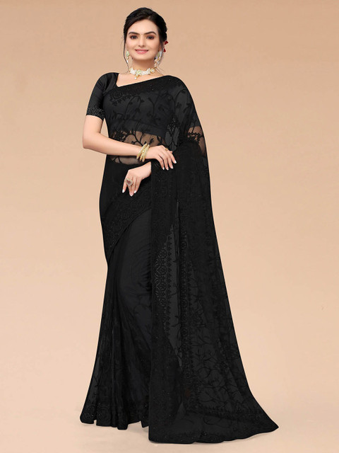 

ODETTE Black Embellished Embroidered Net Saree