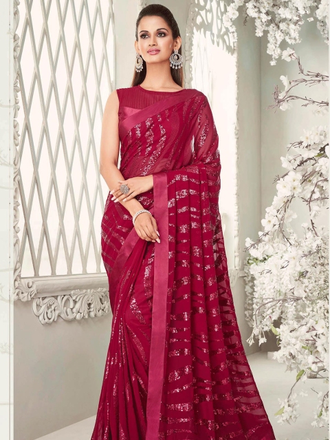 

ODETTE Red Striped Sequinned Embellished Saree