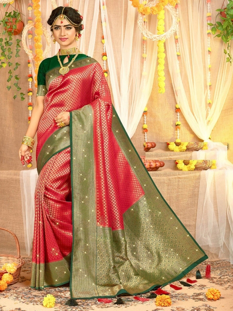 

ODETTE Pink & Green Ethnic Motifs Zari Brocade Saree