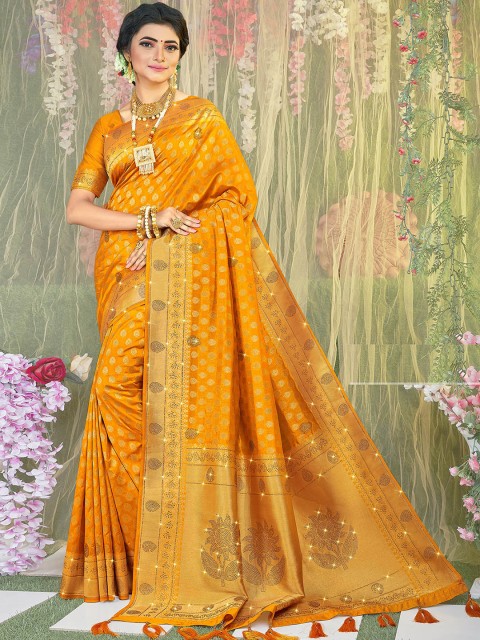 

ODETTE Yellow & Gold-Toned Floral Zari Silk Blend Saree