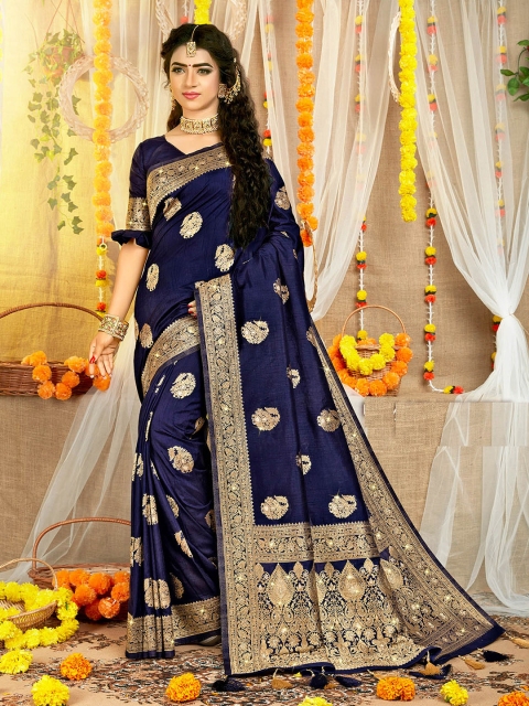 

ODETTE Blue & Gold-Toned Ethnic Motifs Zari Silk Blend Saree