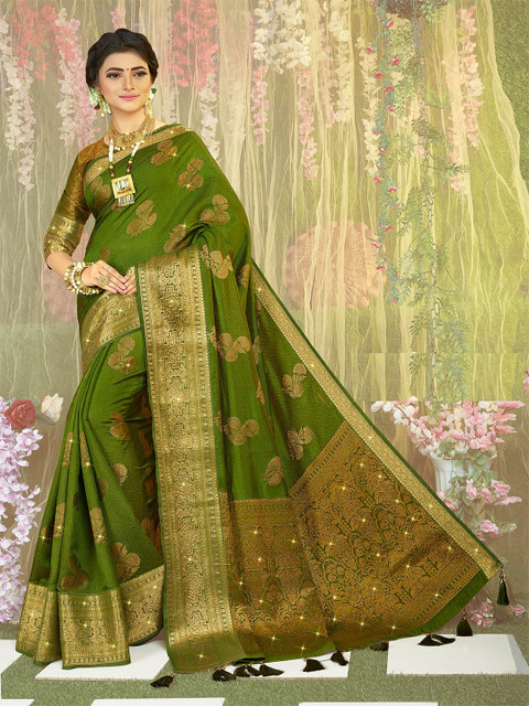 

ODETTE Green & Gold-Toned Ethnic Motifs Zari Saree