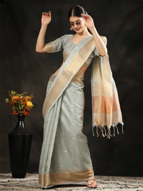 

ODETTE Grey & Gold-Toned Zari Silk Blend Saree