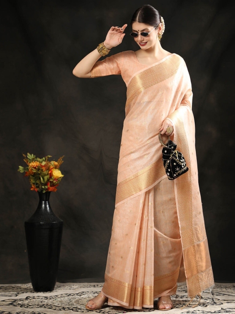 

ODETTE Peach-Coloured & Gold-Toned Woven Design Zari Silk Blend Maheshwari Saree