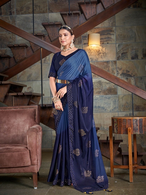 

ODETTE Navy Blue Embellished Beads and Stones Silk Blend Saree
