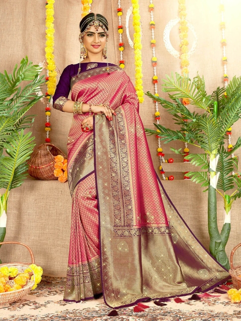 

ODETTE Pink & Violet Ethnic Motifs Zari Brocade Saree
