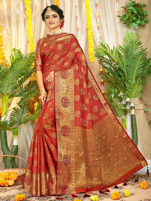 

ODETTE Red & Gold-Toned Floral Zari Silk Blend Saree