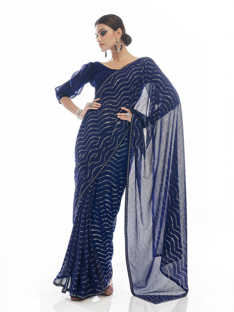

ODETTE Navy Blue & Silver-Toned Embellished Beads and Stones Saree