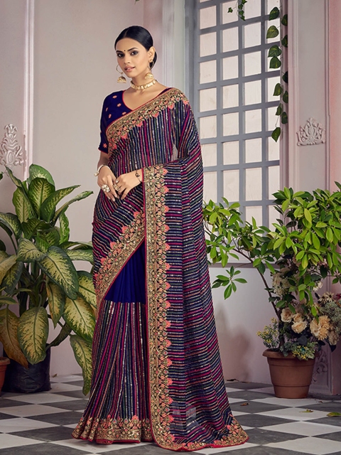 

ODETTE Navy Blue & Pink Floral Embroidered Saree