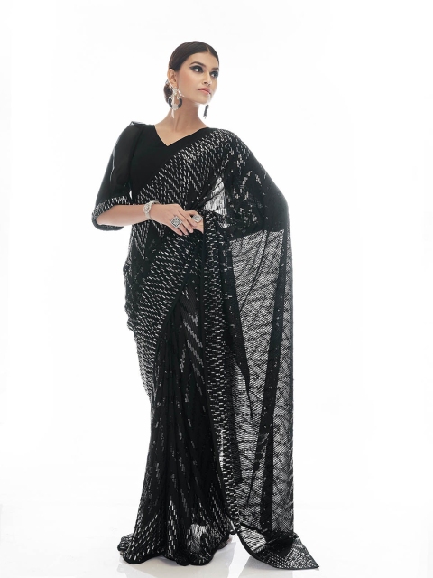 

ODETTE Black & Silver-Toned Embellished Embroidered Saree