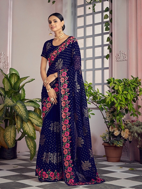 

ODETTE Navy Blue & Pink Floral Embroidered Sequinned Saree