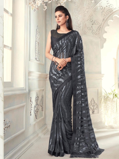 

ODETTE Grey & Silver-Toned Embellished Sequinned Saree