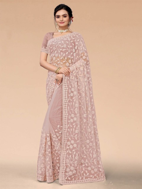 

ODETTE Cream-Coloured & Mauve Floral Embroidered Net Saree