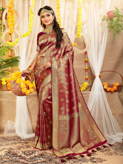 

ODETTE Maroon & Gold-Toned Ethnic Motifs Zari Brocade Saree