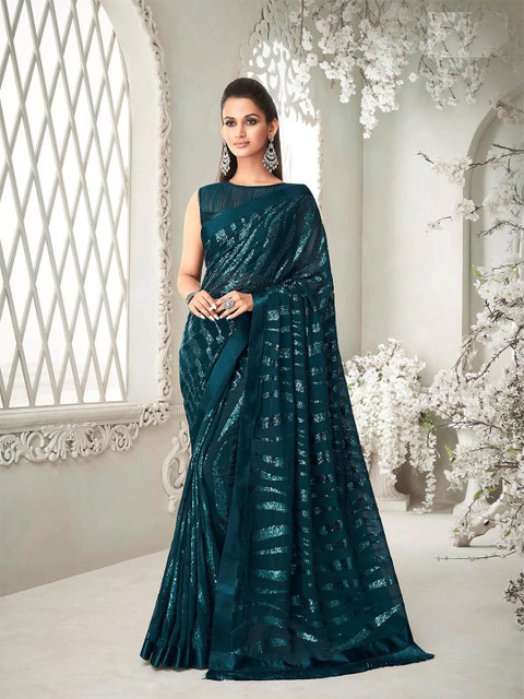 

ODETTE Green Embellished Sequinned Saree