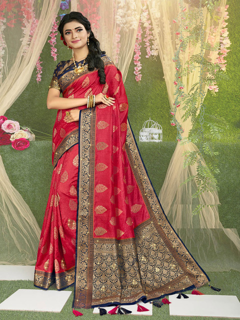 

ODETTE Pink & Navy Blue Ethnic Motifs Zari Saree