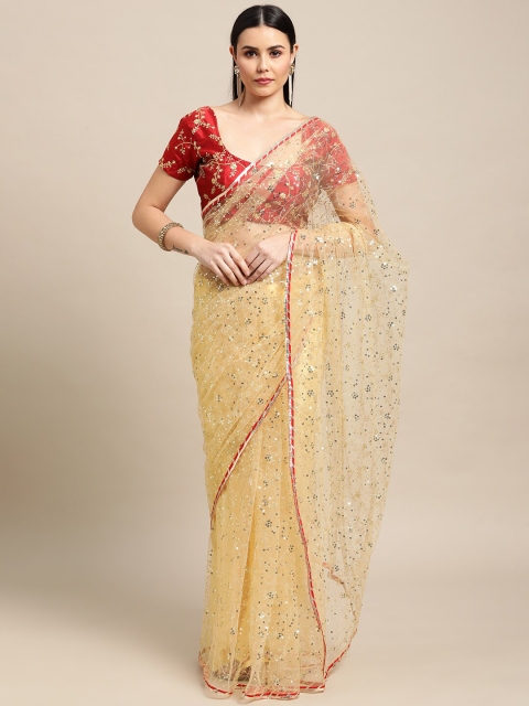

Warthy Ent Cream-Coloured & Red Embellished Sequinned Net Saree