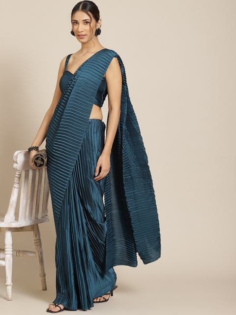 

Warthy Ent Turquoise Blue Accordion Pleated Satin Saree