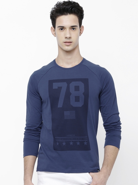 

LOCOMOTIVE Men Blue Printed Round Neck Slim Fit T-shirt