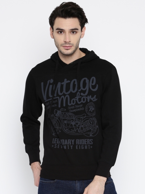 

Roadster Men Black Printed Hooded Sweatshirt