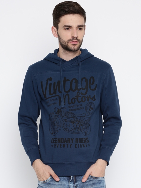 

Roadster Men Blue Printed Hooded Sweatshirt