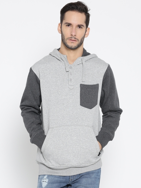 

Roadster Men Grey Melange Solid Hooded Sweatshirt