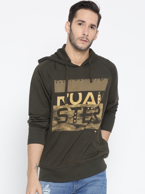 

Roadster Men Olive Green Printed Hooded Sweatshirt