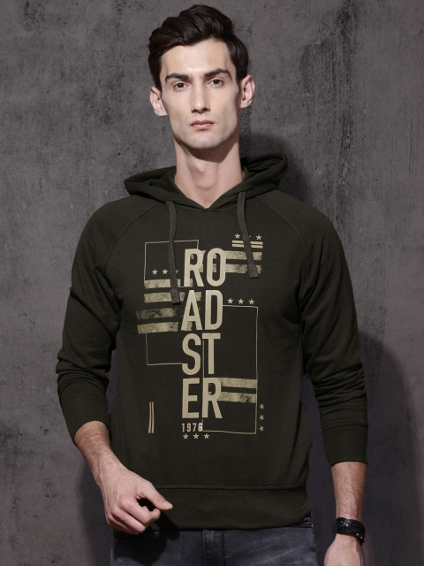 

Roadster Men Olive Green Printed Hooded Sweatshirt