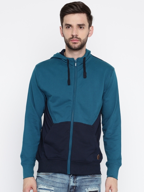

RDSTR Men Teal Blue & Navy Blue Colourblocked Hooded Sweatshirt