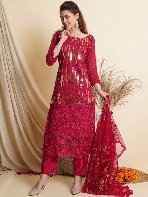 

ODETTE Women Magenta Sequinned Embellished Kurta with Trouser & With Dupatta Set
