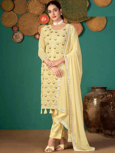 

ODETTE Women Yellow Embroidered Mirror Work Kurta with Trousers & Dupatta Set
