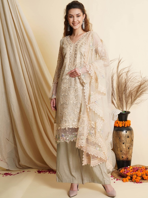

ODETTE Women Beige Floral Embroidered Kurta with Palazzos & With Dupatta