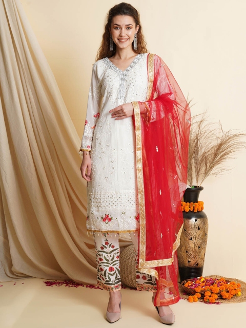 

ODETTE Women Off White Floral Embroidered Thread Work Kurta with Trousers & With Dupatta